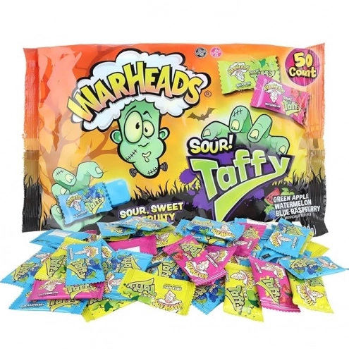 Упаковка с кислыми конфетами "Взрыв Мозга" Halloween Warheads Sour Taffy Individually Wrapped Assorted Chewy Candies 50шт